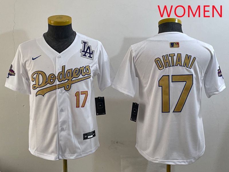 Women Los Angeles Dodgers #17 Ohtani White Champion gold character 2025 Nike MLB Jersey style 11